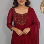Georgette Flared Umbrella Kurti Dupatta Set(MAROON)