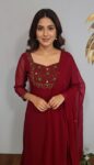 Georgette Flared Umbrella Kurti Dupatta Set(MAROON)